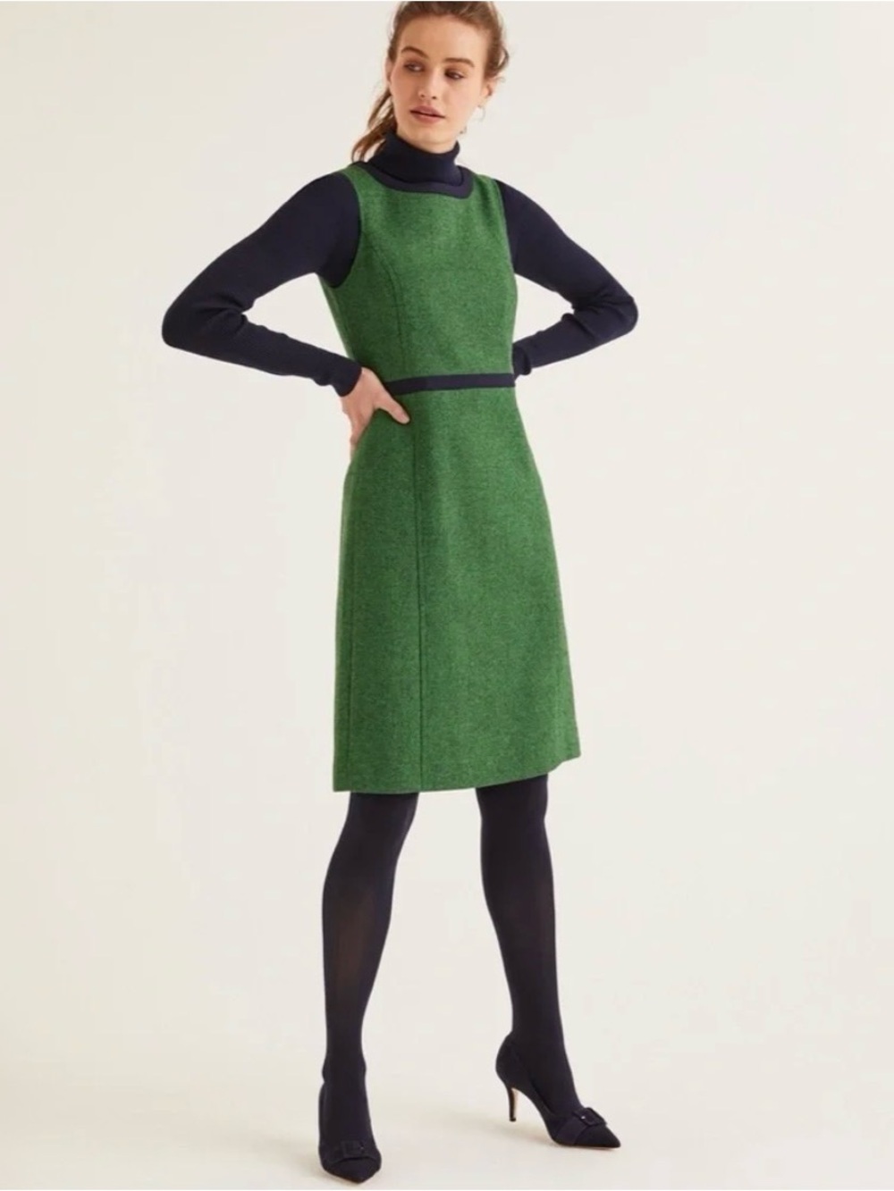 Boden Heritage British Tweed Wool Houndstooth Dress Green Navy Trim 10P EUC
